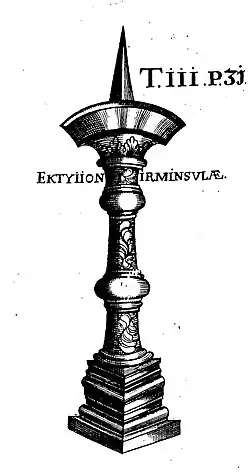 Zeichnung der Irmensäule (1612) aus dem Hildesheimer Dom in ihrer ersten Version mit Kupferreif und Dorn.