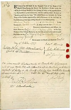 Gründeraktie der „Company for Building a Bridge across the River Severn“ (Ironbridge) über 50 Pfund, ausgestellt am 20. Oktober 1777.