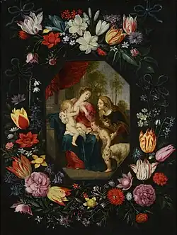 Gemeinsam mit Frans Wouters: Madonna mit Kind und den Hl. Elisabeth und Johannes d. Täufer in einer Girlande, 1640er Jahre, Öl auf Kupfer, 67,5 × 51,0 cm, Privatsammlung. Die Blumenumrahmung ist von Jan Brueghel d. J.