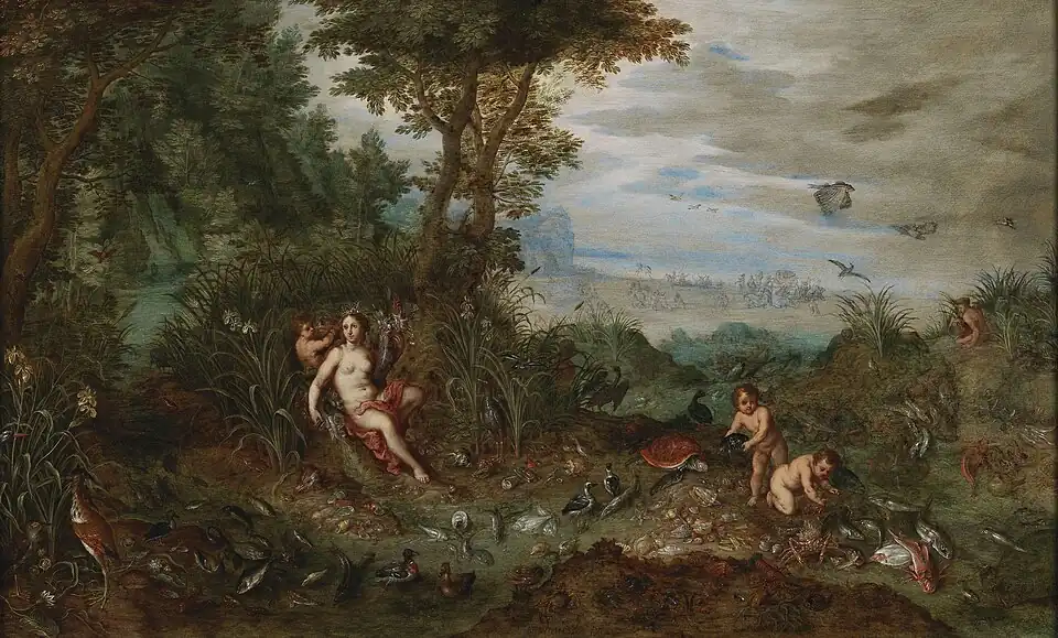 Freie Kopie nach Jan Brueghel d. Ä. (gemeinsam mit nicht identiziertem Figurenmaler ?): Allegorie des Wassers, signiert & datiert 16(4)1, Öl auf Kupfer, 51,0 × 83,5 cm, Privatsammlung