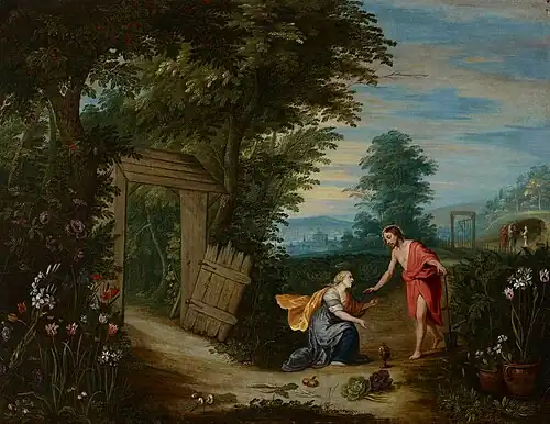 Jan Brueghel d. J. und Hendrik van Balen: Noli me tangere, um 1630, Öl auf Holz (?), 52 × 70 cm, Finnische Nationalgalerie, Helsinki. Die beiden Figuren malte van Balen, die Landschaft ist von Brueghel