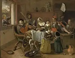 Jan Steen Die fröhliche Familie, 1668, Öl auf Leinwand, 110,5 × 141 cm, Rijksmuseum Amsterdam ↓