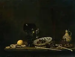 Jan Jansz. van de Velde Stillleben mit Austern, Wein und Rauchwerkzeug, 1651, Öl auf Leinwand, 69 × 89,5 cm, Rijksmuseum Amsterdam