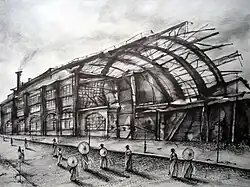 Jinran Kim, Trümmerfrauen (Serie), Berlin Alexanderplatz. Papier, Asche, Tinte, Bleistift. 20 × 30 cm