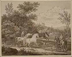 Pferdegruppe und bellender Hund, 1790er Jahre.