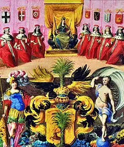 Wappenmalerei aus dem Adelsbrief des Johann von Graffen (* um 1615, † 1663) vom 5. Juni 1662