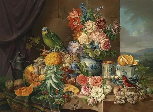 Großes Stillleben mit Früchten, Blumen und Papagei, Öl auf Leinwand, 76 × 103 cm