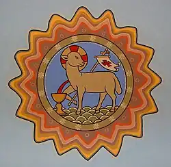 Osterlamm mit Kreuznimbus, Kreuzfahne und Kelch (St. Josef, Bolzum)