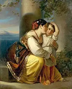 Mädchen in südländischer Tracht mit einem Kind