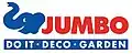 DElefantenkopf, blau, gefolgt vom roten Schriftzug «JUMBO». Untertitel weiss auf blau: «DO IT - DECO - GARDEN».
