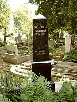 Stehlenartiger Grabstein im marmorierten Schwarz mit Namen und Todesdatum auf einem Friedhof mit weiteren Gräbern im Hintergrund.