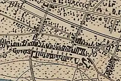 Kötzschenbrodaer Anger, Dorflage von Fürstenhain (re.), Bahnhof (ob.). Kartenausschnitt aus sächsischer Äqui­distantenkarte von 1894.