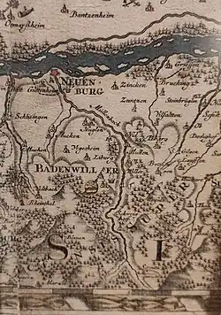 Karten-Ausschnitt[28] von Jacques Michal und Matthäus Seutter, um 1710 (Klemmbach, hier „Müllenbach“ unterhalb Rhein)