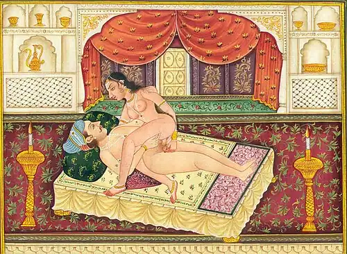 Das Bett als Ort für Sex, Illustration des Kamasutra