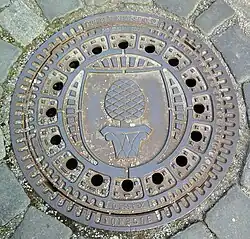 Zirbelnuss auf einem Kanaldeckel in Augsburg