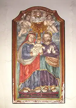 Holzrelief: Joachim und Anna mit Maria als Kleinkind