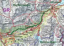 Verlauf des Weges (grün, altes Teilstück gestrichelt).