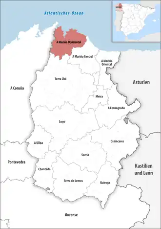 Die Lage der Comarca A Mariña Occidental in der Provinz Lugo