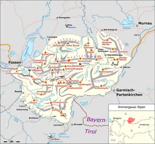 Lage der Ammergauer Alpen innerhalb der Ostalpen