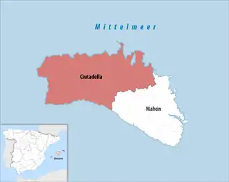 Die Lage der Comarca Ciutadella auf der Insel Menorca
