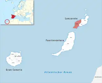 Die Lage der Comarca Suroeste (Lanzarote) in der Provinz Las Palmas