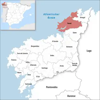 Die Lage der Comarca Ferrol in der Provinz A Coruña