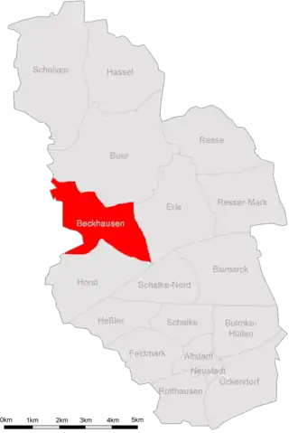 Karte von Gelsenkirchen, in der Beckhausen markiert ist.