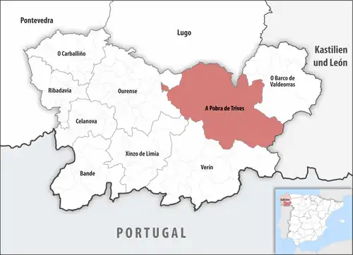 Die Lage des Gerichtsbezirk A Pobra de Trives in der Provinz Ourense