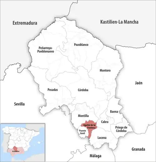 Die Lage des Gerichtsbezirk Aguilar de la Frontera in der Provinz Córdoba