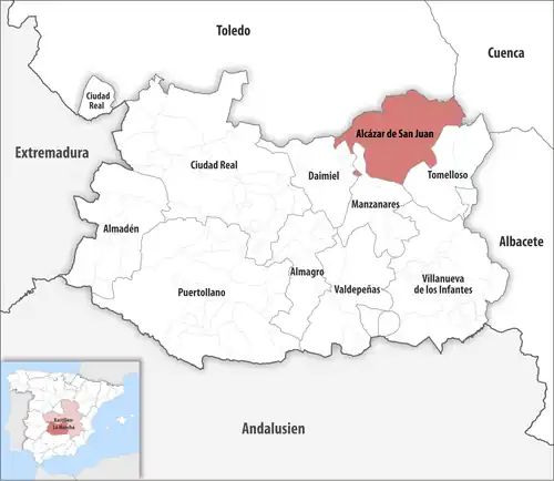 Die Lage des Gerichtsbezirk Alcázar de San Juan in der Provinz Ciudad Real