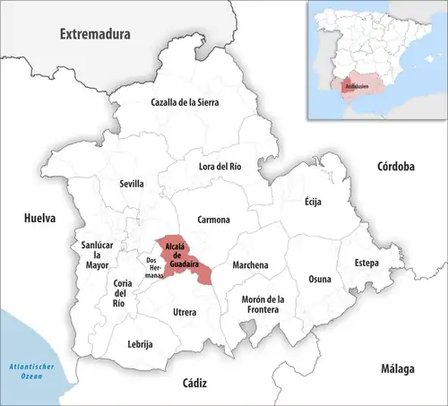 Die Lage des Gerichtsbezirk Alcalá de Guadaíra in der Provinz Sevilla