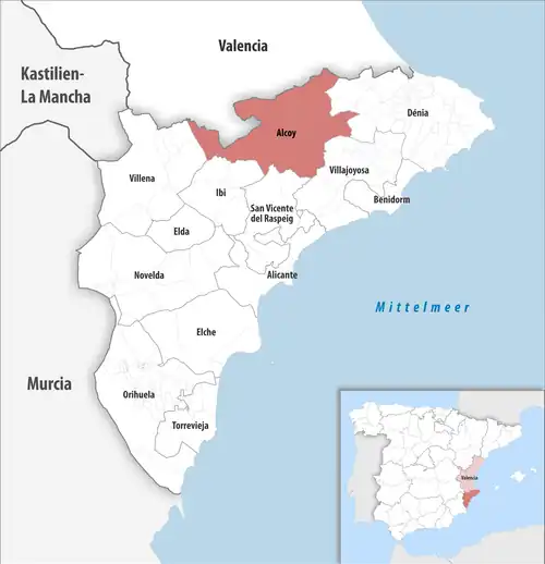 Die Lage des Gerichtsbezirk Alcoy in der Provinz Alicante