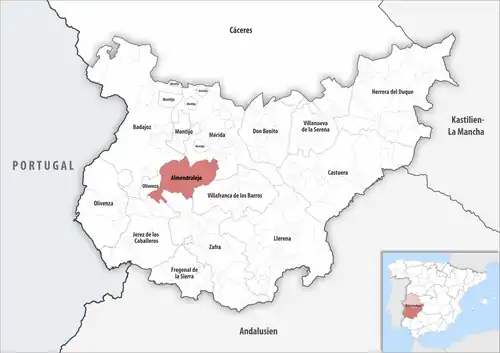 Die Lage des Gerichtsbezirk Almendralejo in der Provinz Badajoz