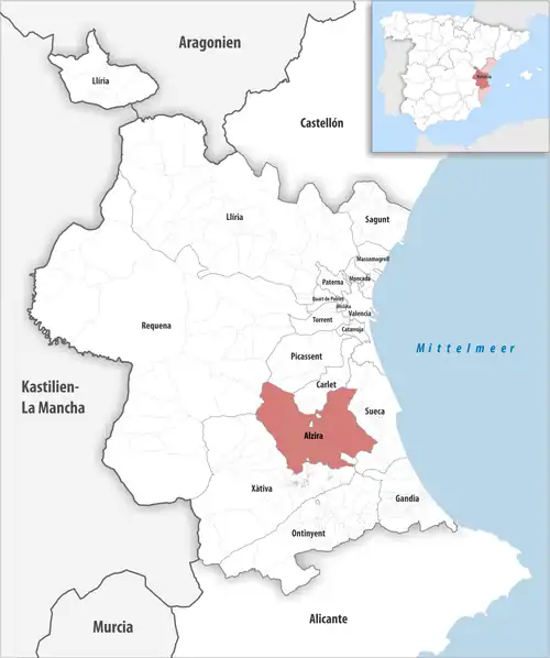 Die Lage des Gerichtsbezirk Alzira in der Provinz Valencia