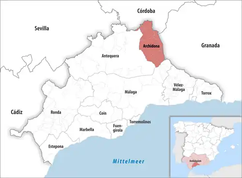 Die Lage des Gerichtsbezirk Archidona in der Provinz Málaga