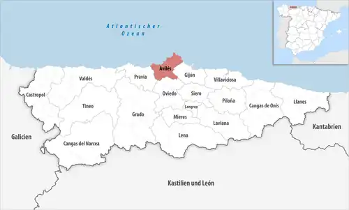 Die Lage des Gerichtsbezirk Avilés in der Provinz Asturien