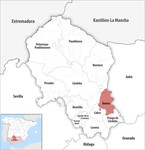 Die Lage des Gerichtsbezirk Baena in der Provinz Córdoba