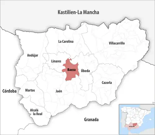 Die Lage des Gerichtsbezirk Baeza in der Provinz Jaén