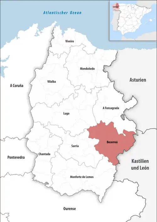 Die Lage des Gerichtsbezirk Becerreá in der Provinz Lugo