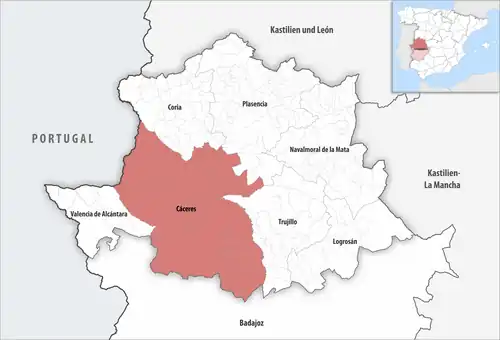 Die Lage des Gerichtsbezirk Cáceres in der Provinz Cáceres