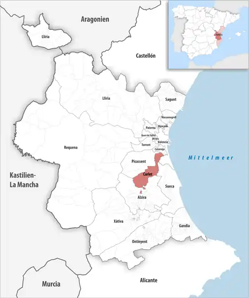 Die Lage des Gerichtsbezirk Carlet in der Provinz Valencia
