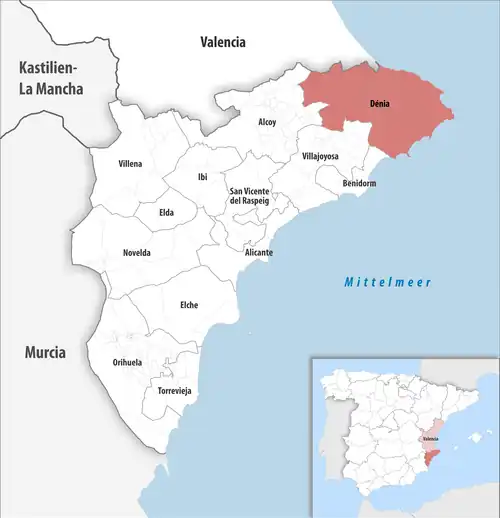 Die Lage des Gerichtsbezirk Dénia in der Provinz Alicante