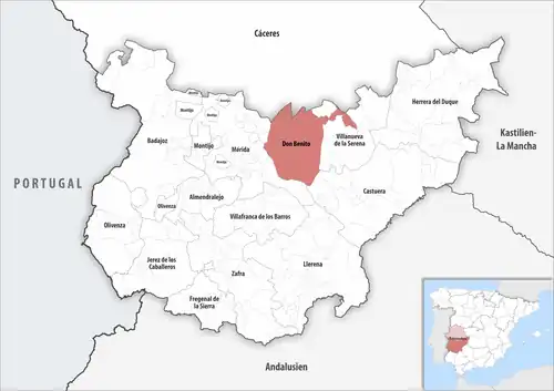 Die Lage des Gerichtsbezirk Don Benito in der Provinz Badajoz