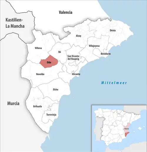 Die Lage des Gerichtsbezirk Elda in der Provinz Alicante