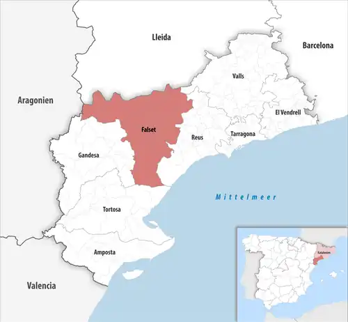 Die Lage des Gerichtsbezirk Falset in der Provinz Tarragona