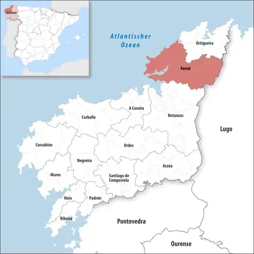 Die Lage des Gerichtsbezirk Ferrol in der Provinz A Coruña