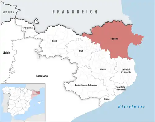 Die Lage des Gerichtsbezirk Figueres in der Provinz Girona