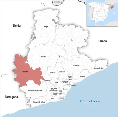 Die Lage des Gerichtsbezirk Igualada in der Provinz Barcelona