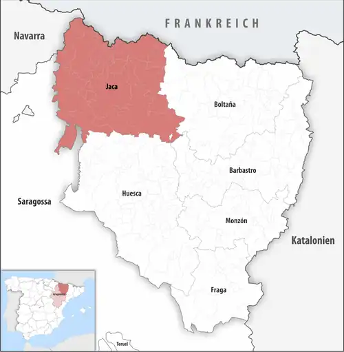 Die Lage des Gerichtsbezirk Jaca in der Provinz Huesca