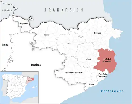 Die Lage des Gerichtsbezirk La Bisbal d’Empordà in der Provinz Girona